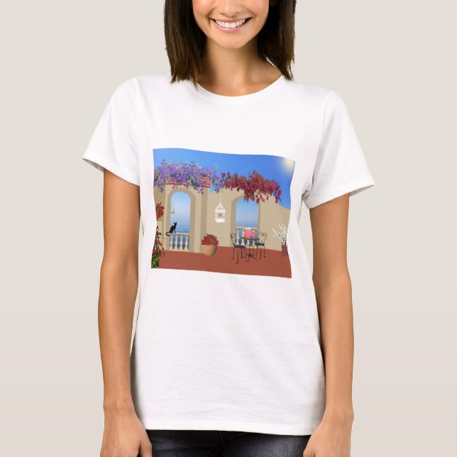 Balcony Outside Flowers Table Tranquility Seaside. T-Shirt (Front)
