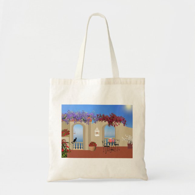 Balcony Outside Flowers Table Tranquility Seaside. Tote Bag (Front)