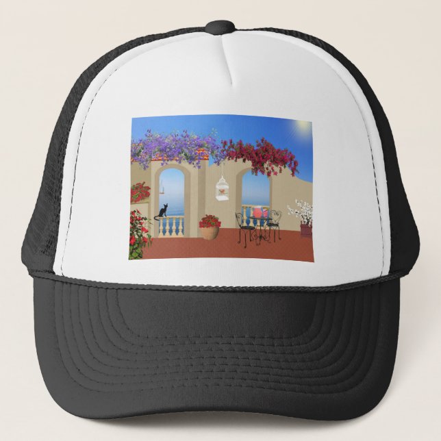 Balcony Outside Flowers Table Tranquility Seaside. Trucker Hat (Front)