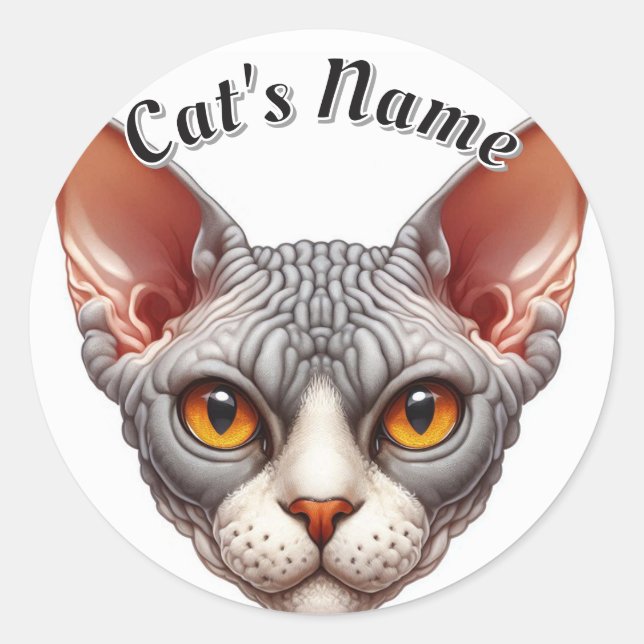 Bald and Wrinkly Gray Cat • Personalized Classic Round Sticker (Front)