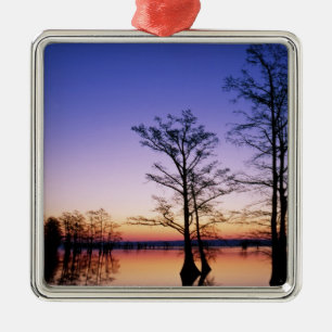 Bald cypress trees silhouetted at sunset, metal ornament