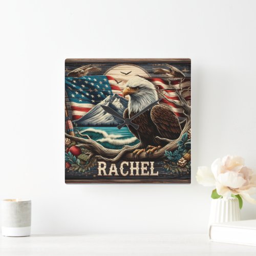 Bald Eagle Against Mountain and American Flag Square Wall Clock