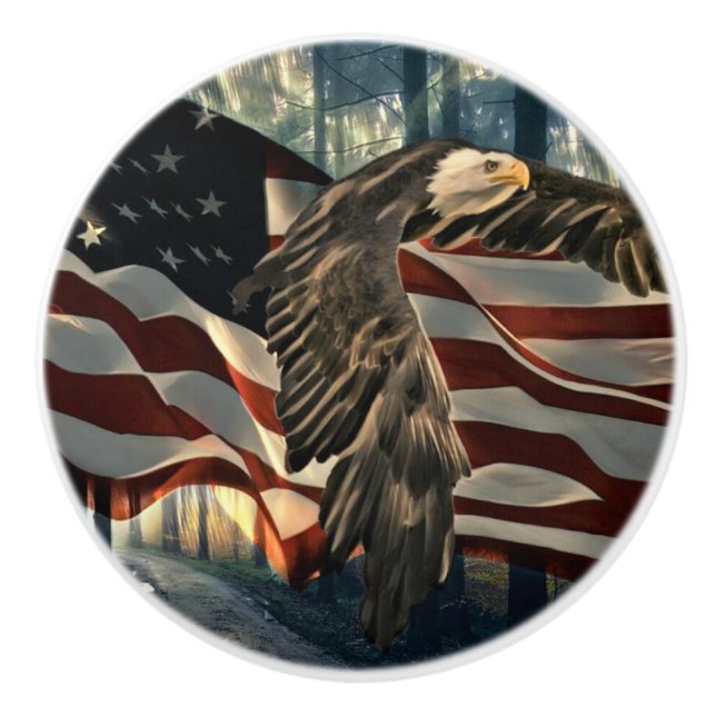 Bald Eagle American Flag Country Road Ceramic Knob (Front)