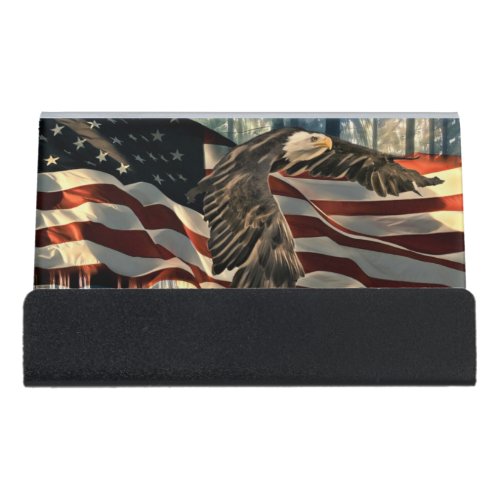 Bald Eagle American Flag Country Road Desk Business Card Holder