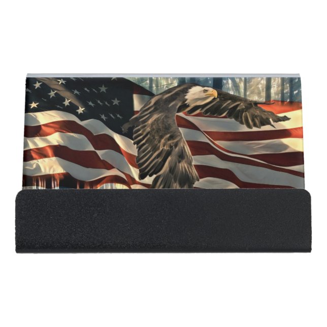 Bald Eagle American Flag Country Road Desk Business Card Holder (Front)