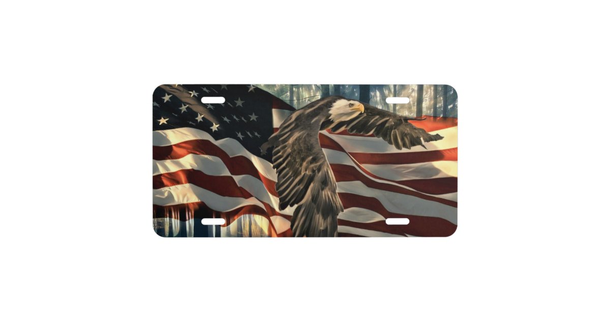 American Flag & Bald Eagle License Plate – Aluminum Car Tag – 6x12 Inch – Patriotic Horizontal Design – Gift N Gag