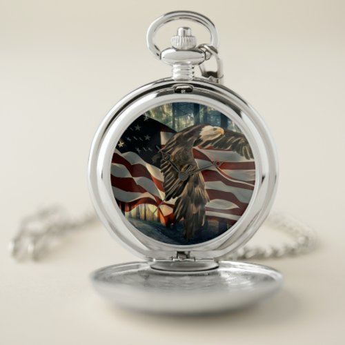 Bald Eagle American Flag Country Road Pocket Watch