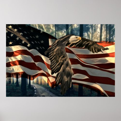 Bald Eagle American Flag Country Road Poster