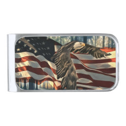 Bald Eagle American Flag Country Road Silver Finish Money Clip