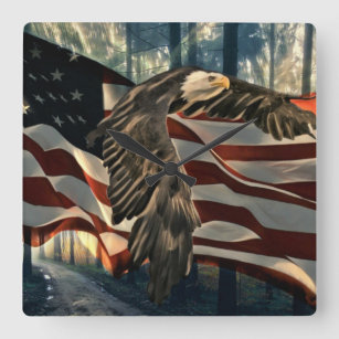 Bald Eagle American Flag Country Road Square Wall Clock