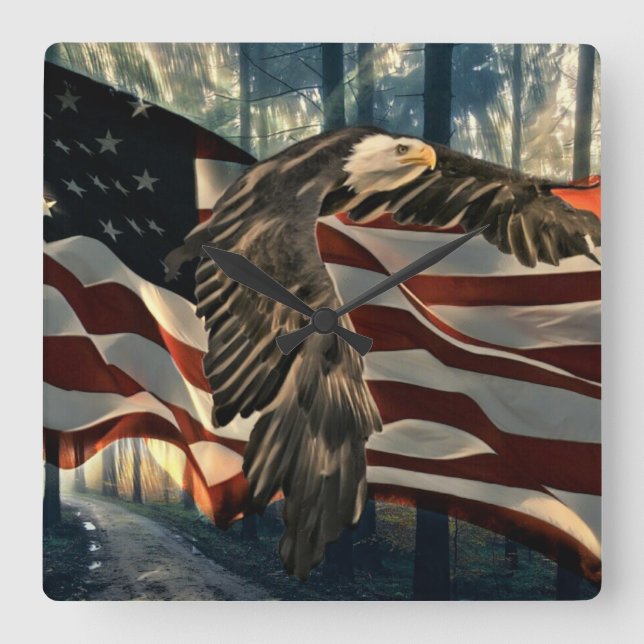 Bald Eagle American Flag Country Road Square Wall Clock (Front)