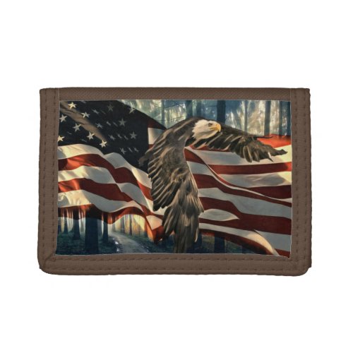 Bald Eagle American Flag Country Road Trifold Wallet