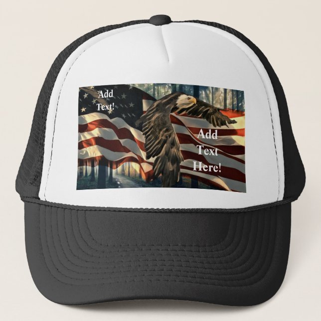 Bald Eagle American Flag Country Road Trucker Hat (Front)