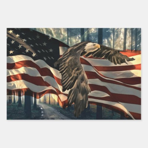 Bald Eagle American Flag Country Road Wrapping Paper Sheets