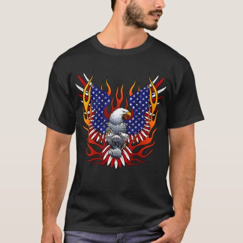 Bald Eagle American Flag Red Motor Flames T_Shirt