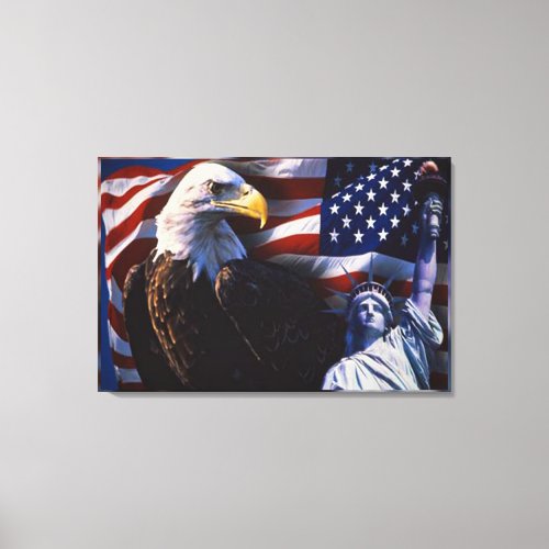 Bald Eagle an Statue of Liberty an American flag Canvas Print