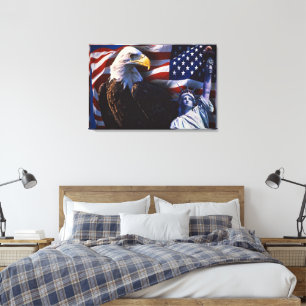 Bald Eagle an Statue of Liberty an American flag Canvas Print