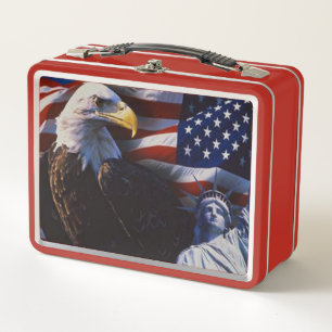 Bald Eagle an Statue of Liberty an American flag Metal Lunch Box