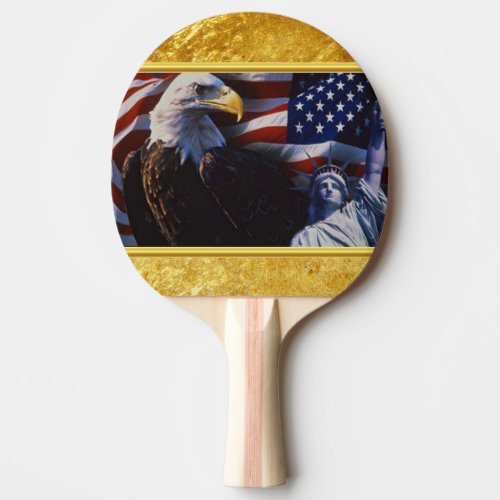 Bald Eagle an Statue of Liberty an American flag Ping Pong Paddle