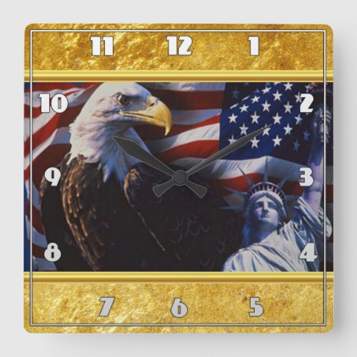 Bald Eagle an Statue of Liberty an American flag  Square Wall Clock