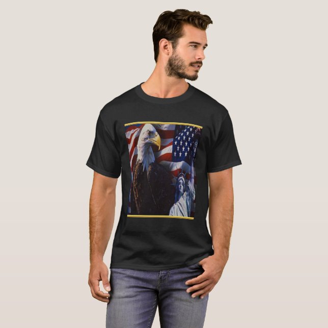 Bald Eagle an Statue of Liberty an American flag T-Shirt (Front Full)