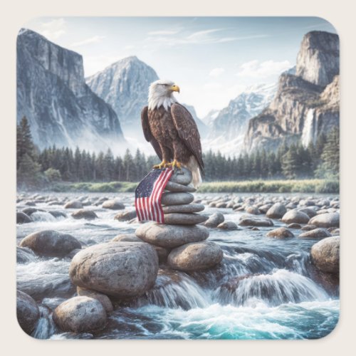 Bald Eagle and American Flag On a Cairn Square Sticker