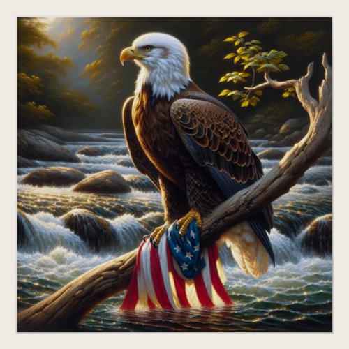 Bald Eagle and American Flag On a Tree Branch Poster