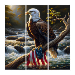 Bald Eagle and American Flag On a Tree Branch Triptych