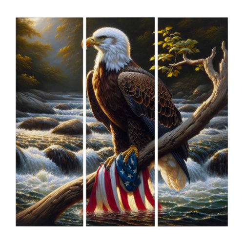 Bald Eagle and American Flag On a Tree Branch Triptych