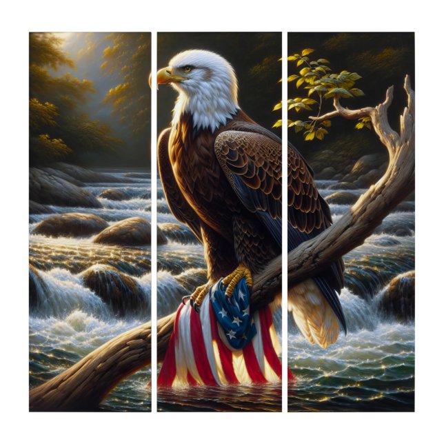 Bald Eagle and American Flag On a Tree Branch Triptych (Front)