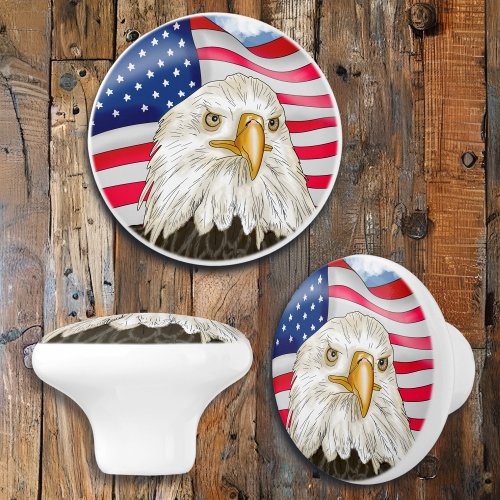 Bald Eagle and American Flag Patriotic Art Ceramic Knob