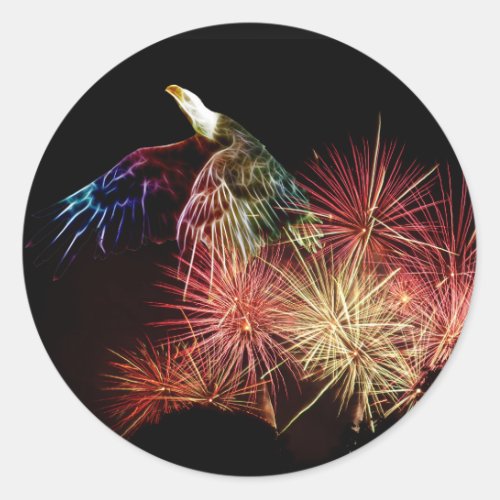 Bald eagle and fireworks classic round sticker