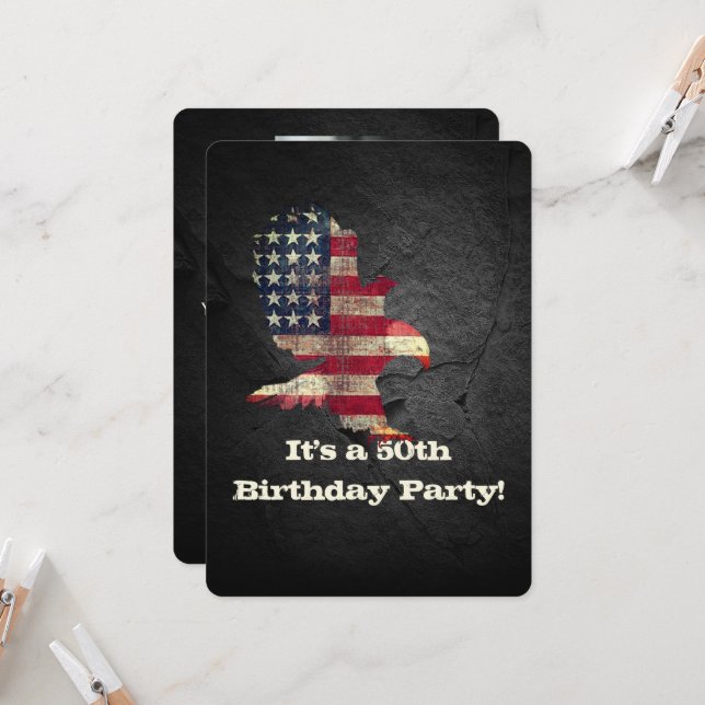 Bald Eagle and Flag on Black 50th Birthday Invitation (Front/Back In Situ)