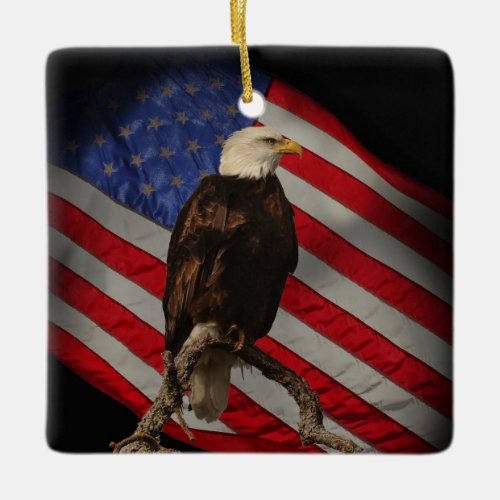 Bald Eagle and Flag Patriotic Ceramic Ornament