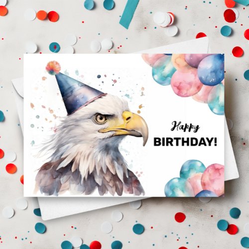Bald Eagle Balloons and Party Hat Happy Birthday Card
