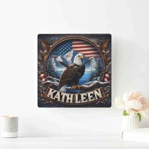 Bald Eagle by Mountains and Flag Square Wall Clock