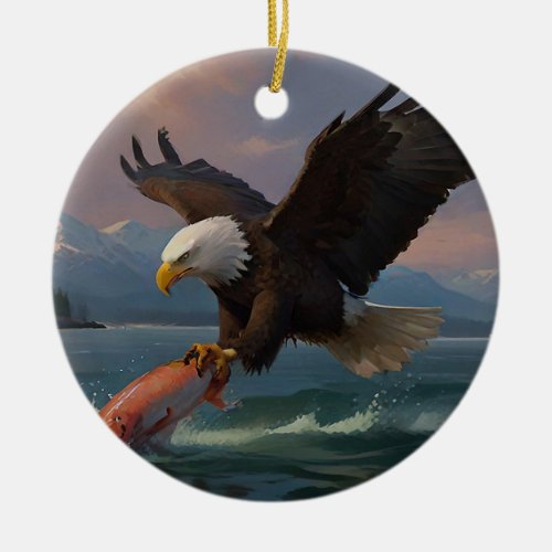 Bald Eagle Catches a Salmon at Dusk Ceramic Ornament