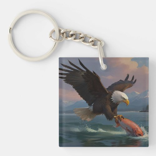 Bald Eagle Catches a Salmon at Dusk Keychain