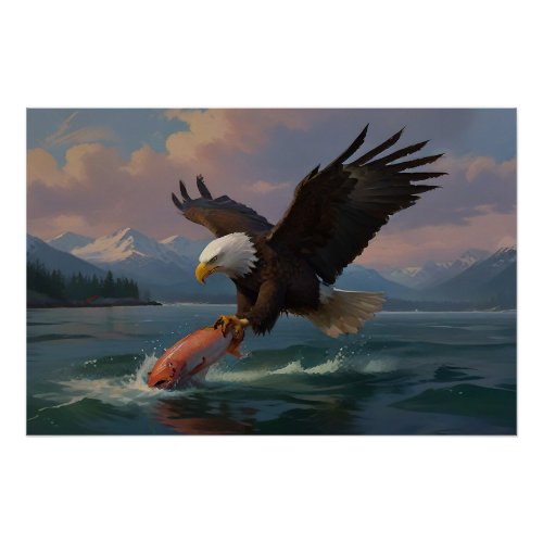 Bald Eagle Catches a Salmon at Dusk Poster