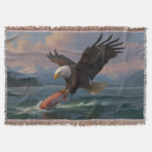 Bald Eagle Catches a Salmon at Dusk Throw Blanket