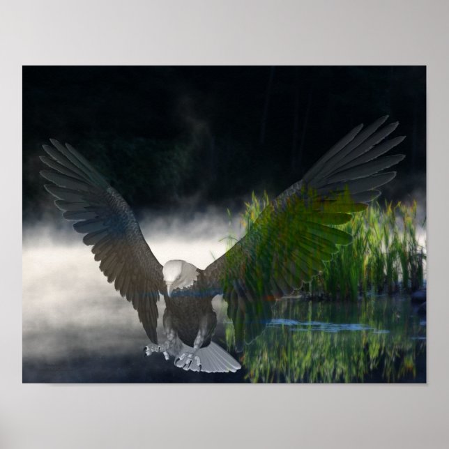 Bald Eagle Cattails Mist Pond Fantasy Art Poster (Front)