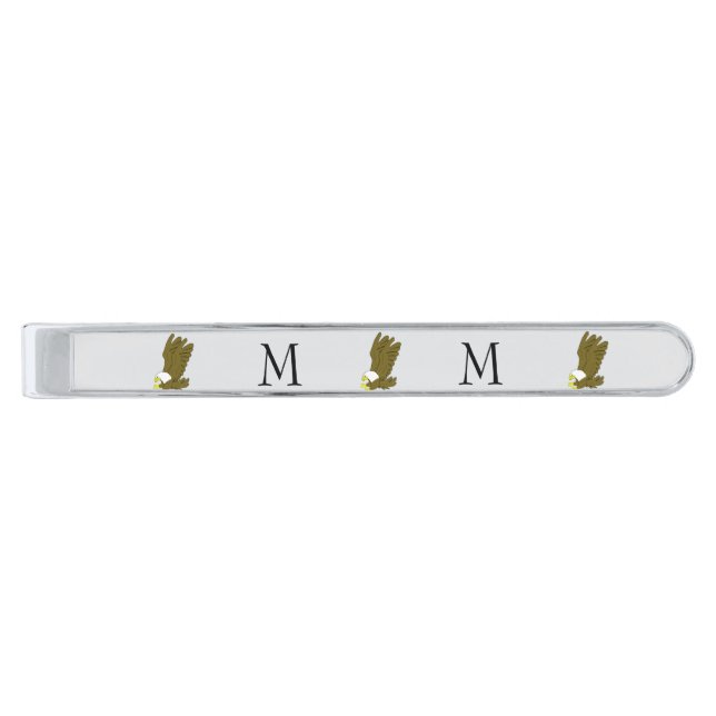 Bald Eagle Design Monogrammed Silver Finish Tie Bar (Front)