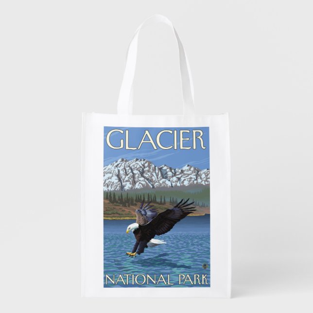 Bald Eagle Diving - Glacier National Park, MT Grocery Bag (Front)