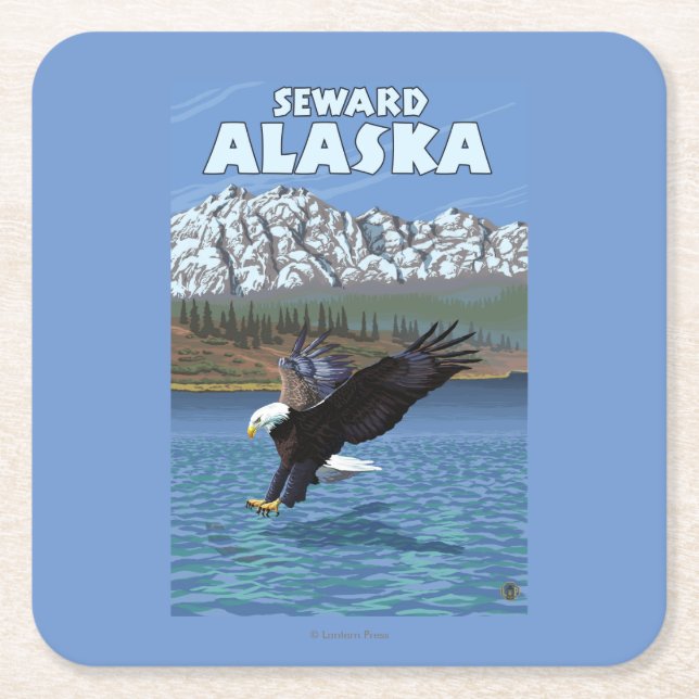 Bald Eagle Diving - Seward, Alaska Square Paper Coaster (Front)