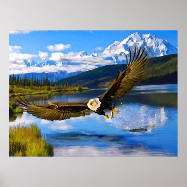 Bald Eagle Fishing Denali 24" x 18" Archival Paper Poster (Front)