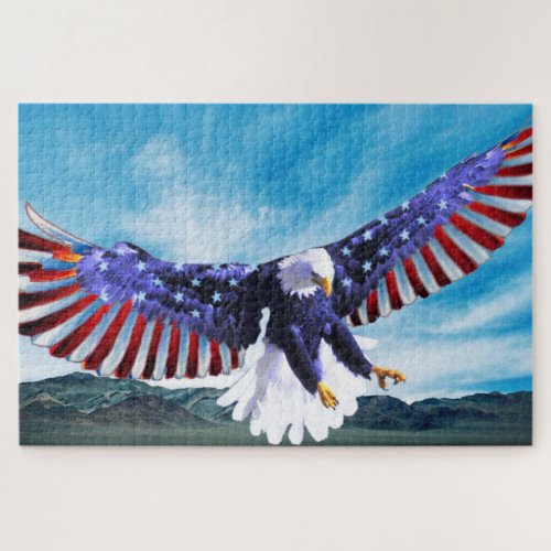Bald Eagle flying in the sky with a American flag Jigsaw Puzzle