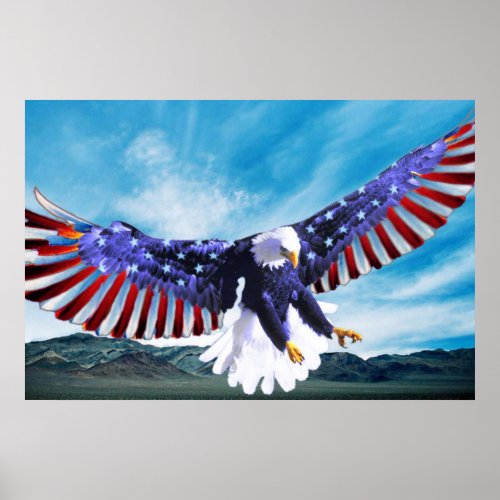 Bald Eagle flying in the sky with a American flag Poster