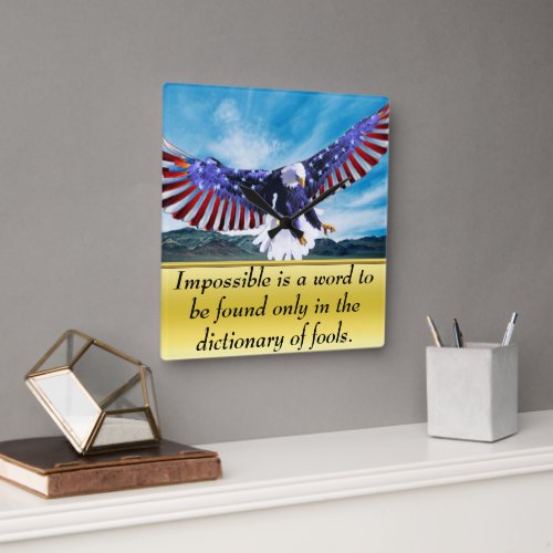 Bald Eagle flying in the sky with a American flag Square Wall Clock