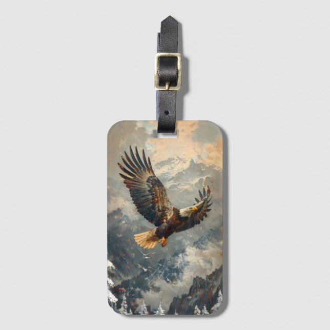 Bald Eagle Flying Over Mountains Painting Luggage Tag (Front Vertical)