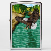 Bald Eagle Flying Over River and Mountains